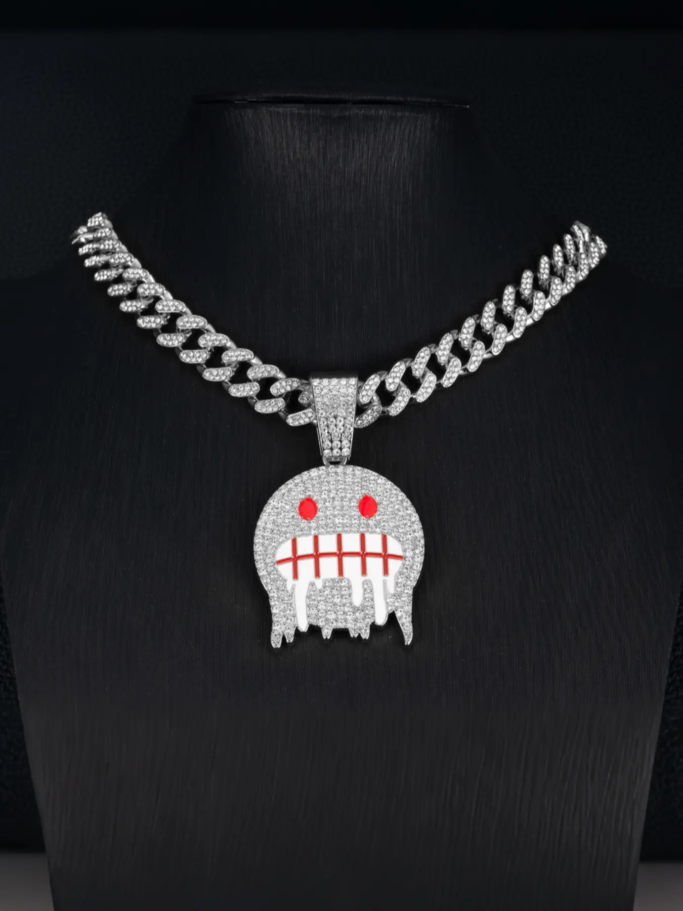 Valentine's Day Gift Hip-Hop Smiley Face Full Diamond Pendant Necklace, Alloy Chain Cuban Link, Street Fashion Art Jewelry
