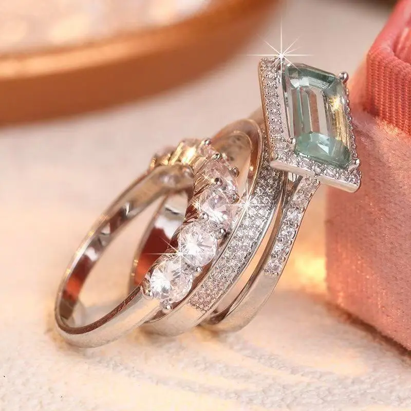 Unisex 3-Pcs Stackable Vintage Rectangular Rings Set - Silver-Plated Metal Finger Rings, Secure Prong-Set Cubic Zirconia CZ, Everyday Costume Jewelry, Graduation Gift