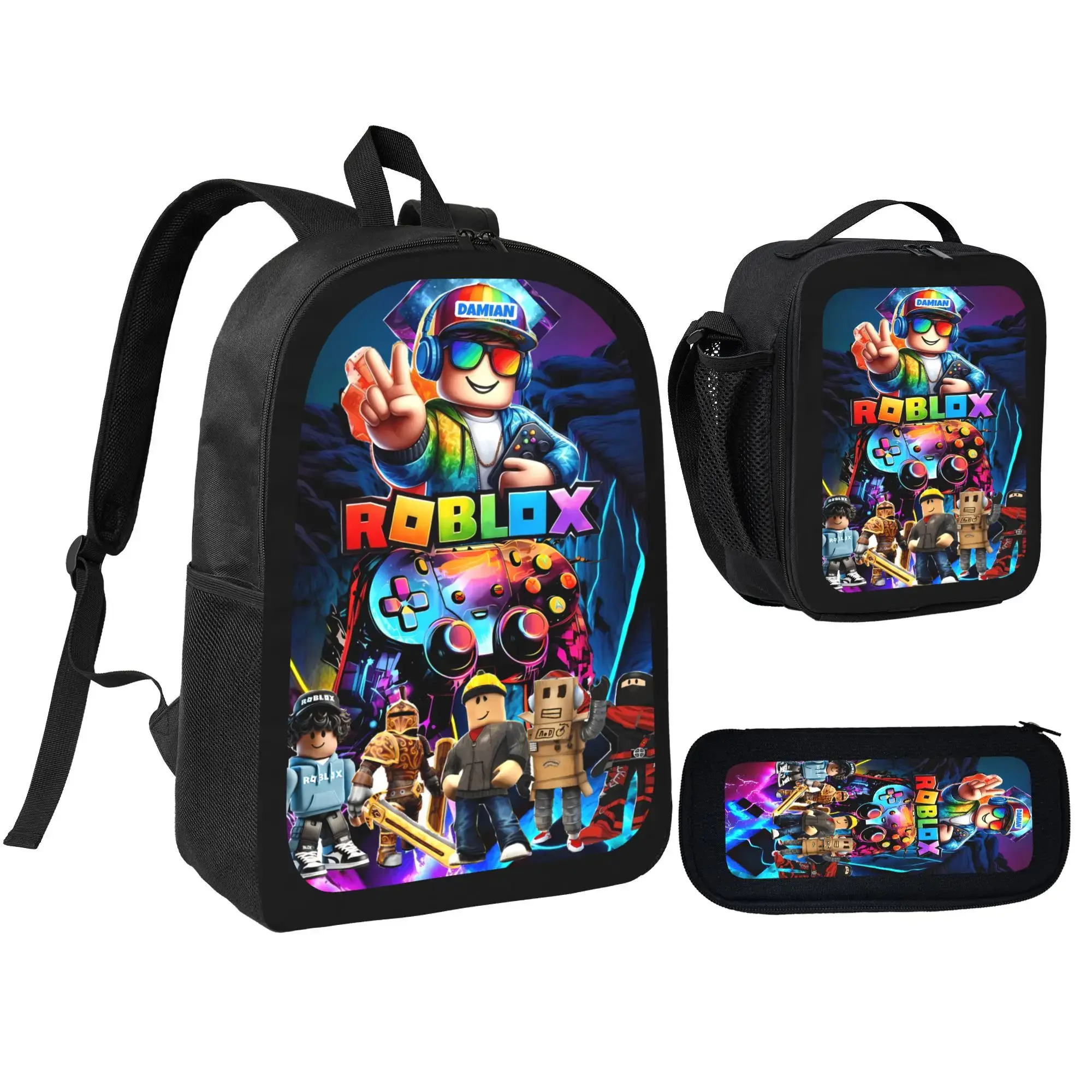 Roblox Print Backpack Set 3 Pieces with Backpack Lunch Box and Pencil Case for Kids School Boys and Girls Lightweight TK Backpack for Teenagers Trendy Tiktok School Bag Stylish Backpack for Teenagers Durable Bookbag for Students