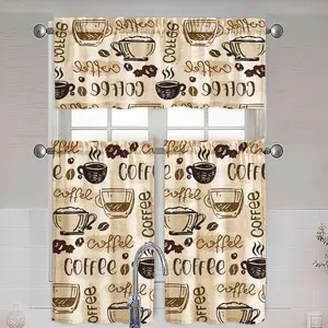 1PC/2PCS/3PCS linen printed curtains, Home Decoration Curtain, vintage cute style with hand-drawn rounded coffee cup patterns, semi-transparent rod-pocket type, 195G fabric texture, suitable for kitchens and bedrooms, making your home warmer and cozier.