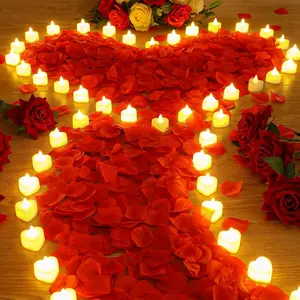 6000 count Artificial Rose Petal 72 count LED Tealights Candle, Romantic Decorations Special Night Rose Petal Heart Candle for Valentines Wedding Anniversary Proposal Decor(Warm White Light)