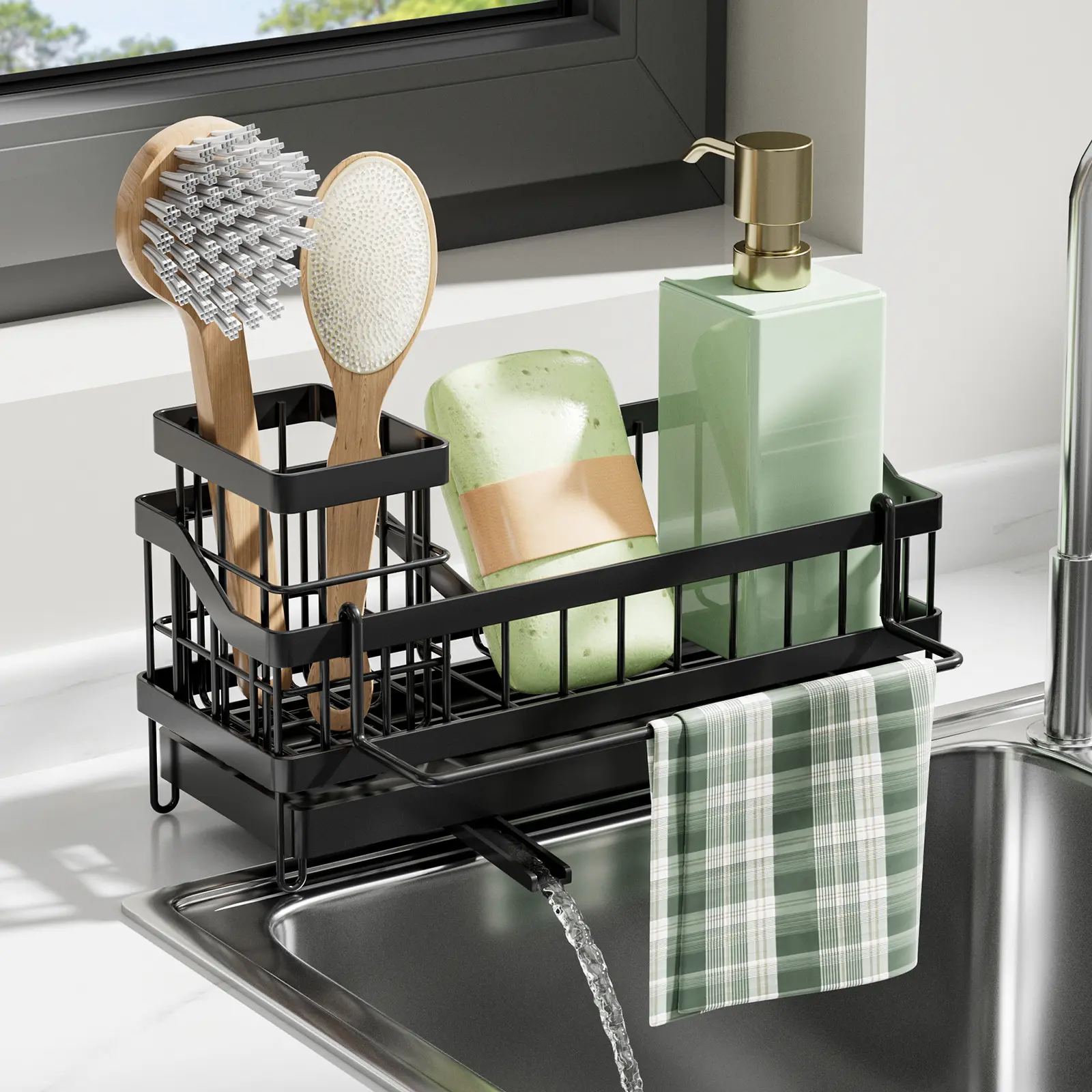 Sink Caddy Kitchen Organizer with High Brush Holder Wall Mounted Sponge Holder for Sink Countertop Organizer Soap Dispenser Storage Rustproof 304 Stainless Steel Kitchen Essentials