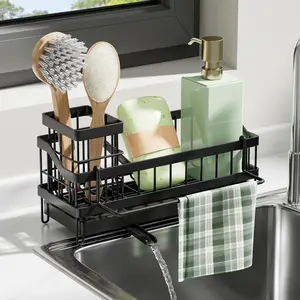 Sink Caddy Kitchen Organizer with High Brush Holder Wall Mounted Sponge Holder for Sink Countertop Organizer Soap Dispenser Storage Rustproof 304 Stainless Steel Kitchen Essentials