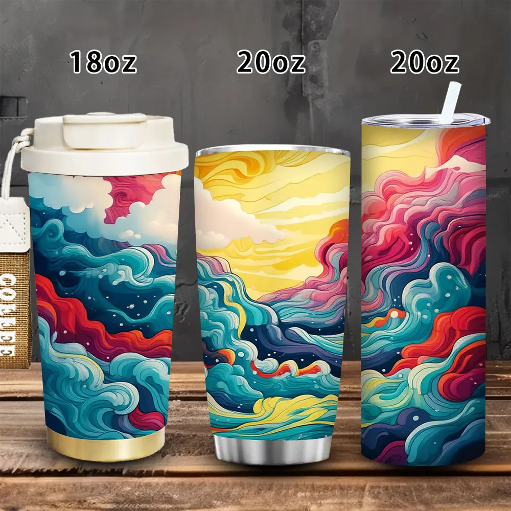 1pc 18oz/20oz Vibrant Swirling Clouds Insulated Travel Tumbler with Lid and Straw, Winter Vacuum Flask, Ideal Valentine’s Day/Birthday Gift for Women, Iced/Hot Coffee Cup, Flasks