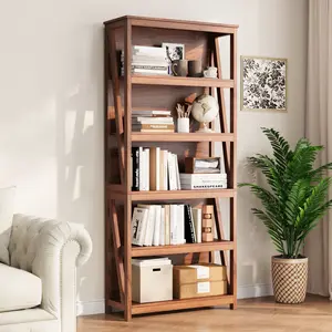 VOWNER Modern Walnut 6-Tier Bookshelf – Open Storage Bookcase for Living Room, Study, or Office