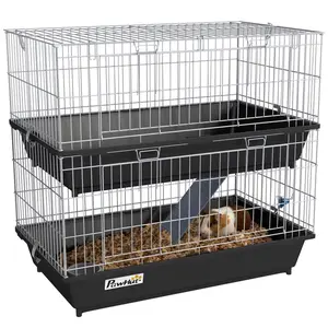 PawHut 2-Tier Guinea Pig Cage, Ferret Cage, Chinchilla Cage, Small Animal Cage Indoor with Dish and Bottle, 2 Doors, Deep Bottoms, Ramp, 28", Blue