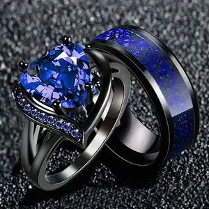 Romantic Engagement Rings for Couples Women Blue Heart Shaped Zirconia Gemstones for Men Stainless Steel Rings Dragon, Wedding Rings Jewelry Gifts