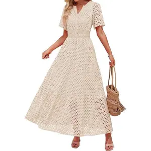 Women’s 2025 Summer Maxi Dress – Short Sleeve, V-Neck, Hollow-Out Eyelet, A-Line, Long Flowy Beach Vacation Dress