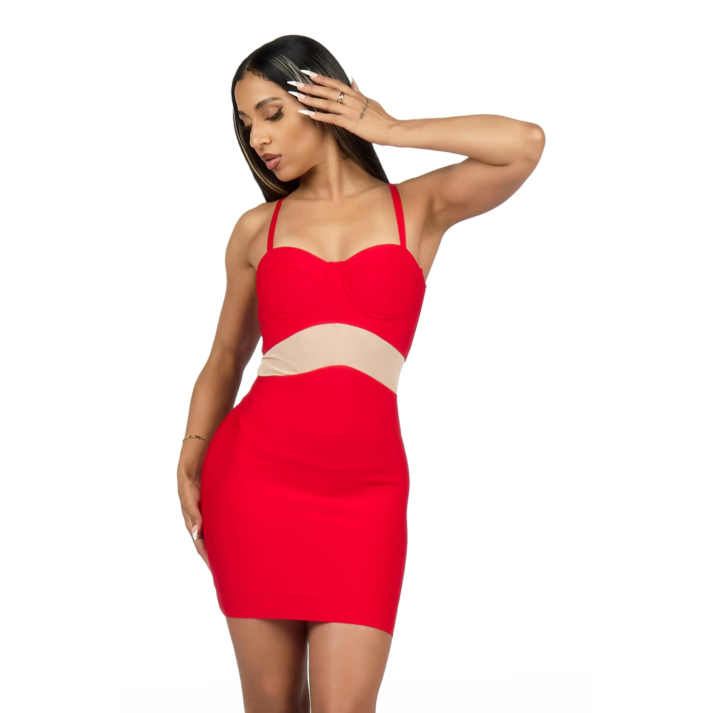 Peek-a-boo Red Mesh Waist Bandage Mini Dress