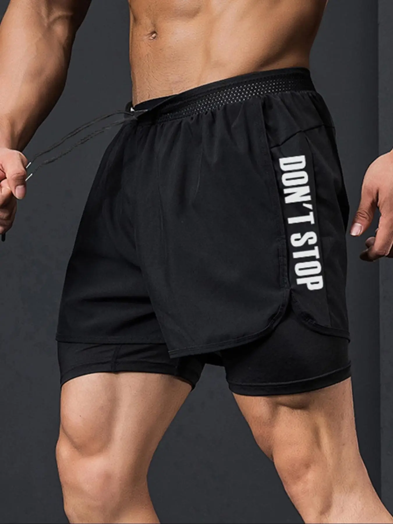 Men's Summer Clothes, "DON'T STOP" Letter Print 2 In 1 Drawstring Waist Shorts, Regular Fit Sporty Straight Leg Athletic Shorts for Gym Workout Runnin