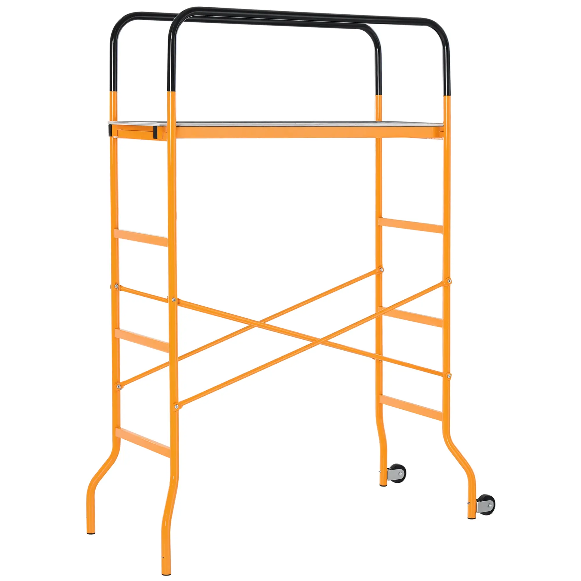 4-Step Steel Scaffold – 4.6 x 2 x 6 ft. 440 lbs Capacity. 2 Wheels for Free Moving. Powder Coated Non-Rust Steel. Anti-Skid Platform. X-Bar Support