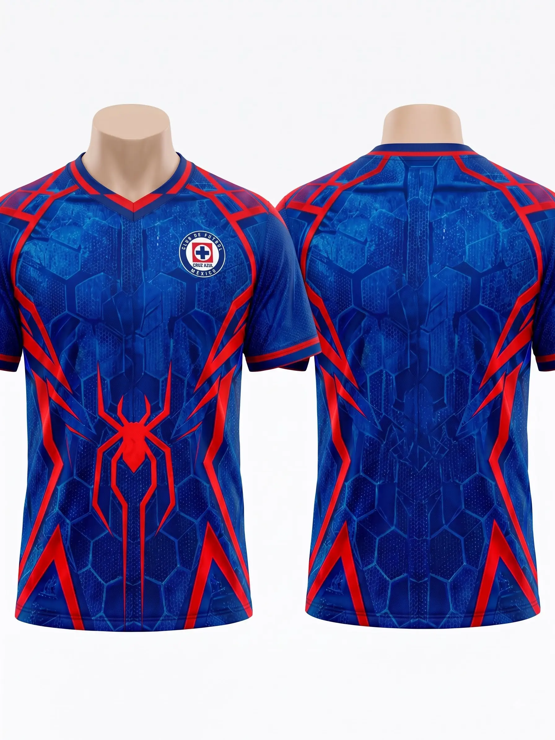 Blue Red Spider Web Cruz Azul Soccer Jersey, All Over Print V-Neck Football Shirt, Futuristic Fan Sports Top, Short Sleeve Athletic Jersey