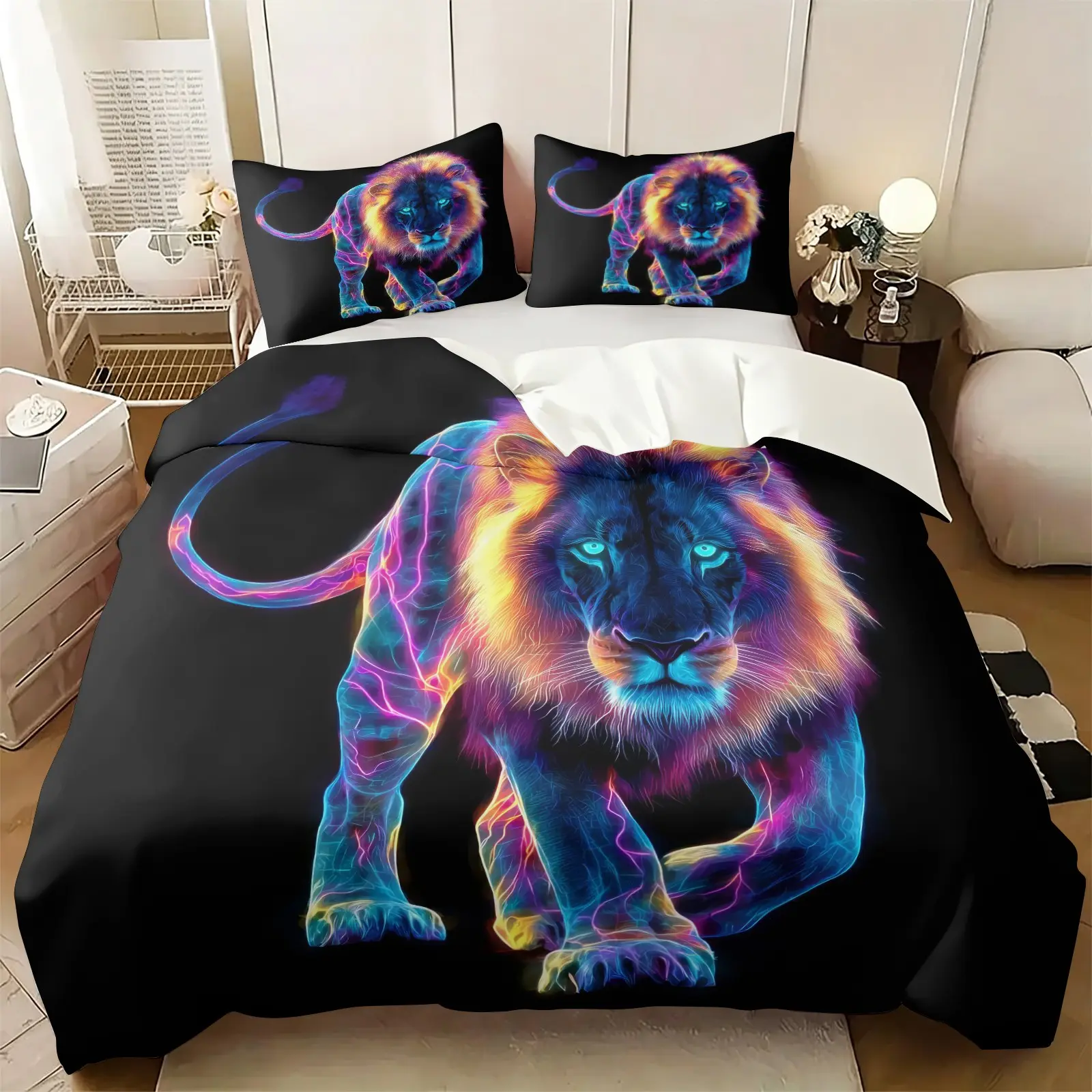 2/3Pcs Neon Animal Duvet Cover Set, No Filler, Cool Lion Wolf Leopard Snake Spider Print Theme Bedding Set, Black Background Comforter Cover with Pillowcases, Soft Microfiber Bedspread for Teens Boys Men, Bedroom Decor