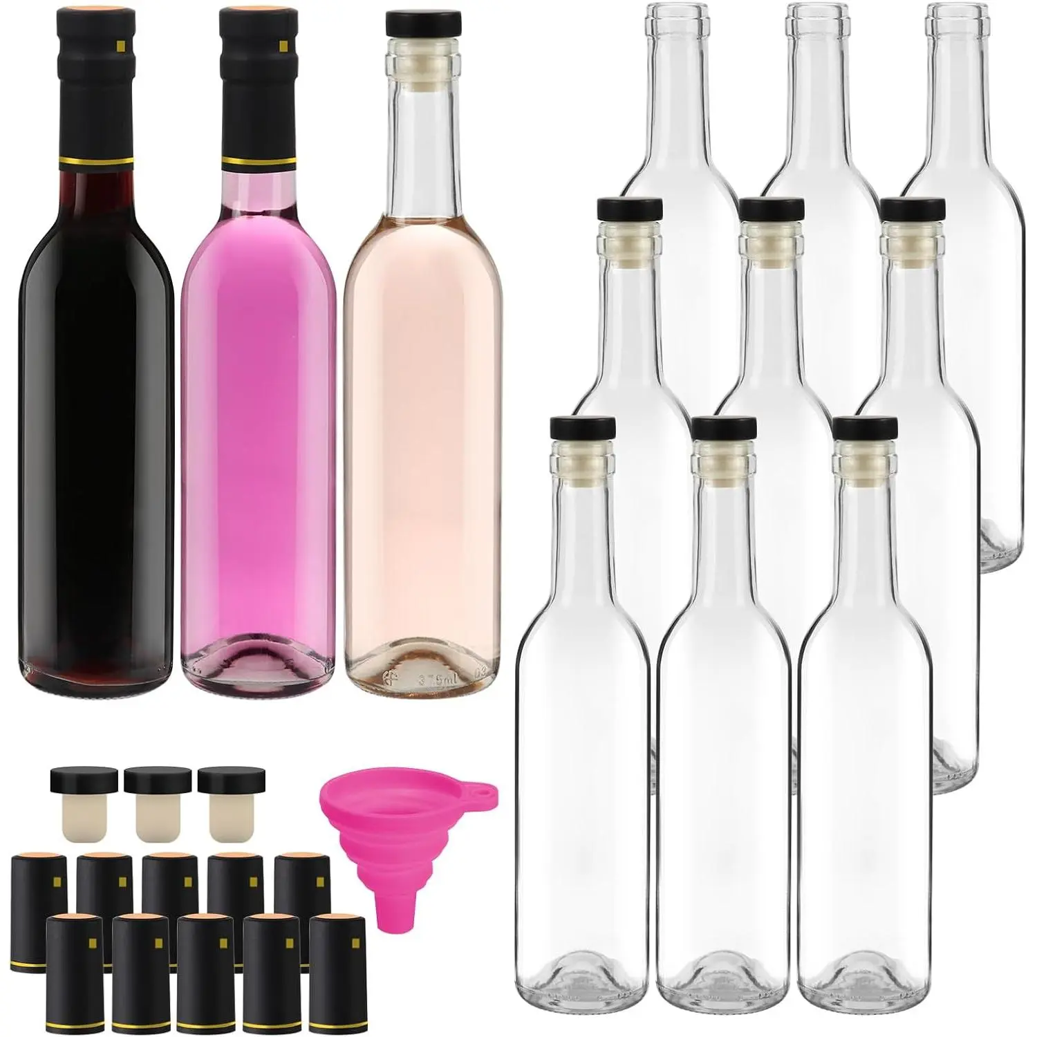 12 Pack 12oz Clear Glass Bottles with T-top Cap and PVC Shrink Capsules, 375 ml Empty Home Brewing  Bottles for Sparkling , Juice, Kefir, Kombucha, Beverages
