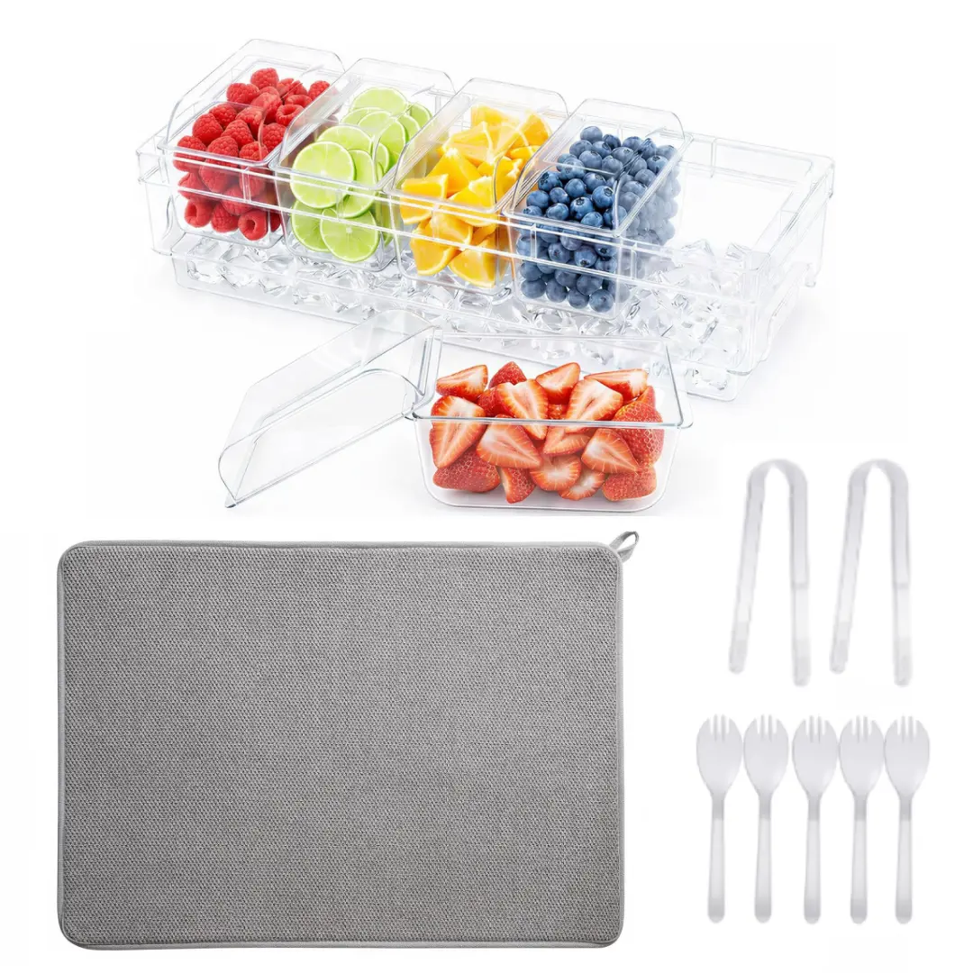 13 Pcs Upgraded 5-Compartment Chilled Fruit & Condiment Server Set,Including 1 BPA-Free Food-Grade Ice Cooled Tray with 5 Individual Lids,2 Tongs,5 Forks & Microfiber Mat Container,Hand Tools Kits