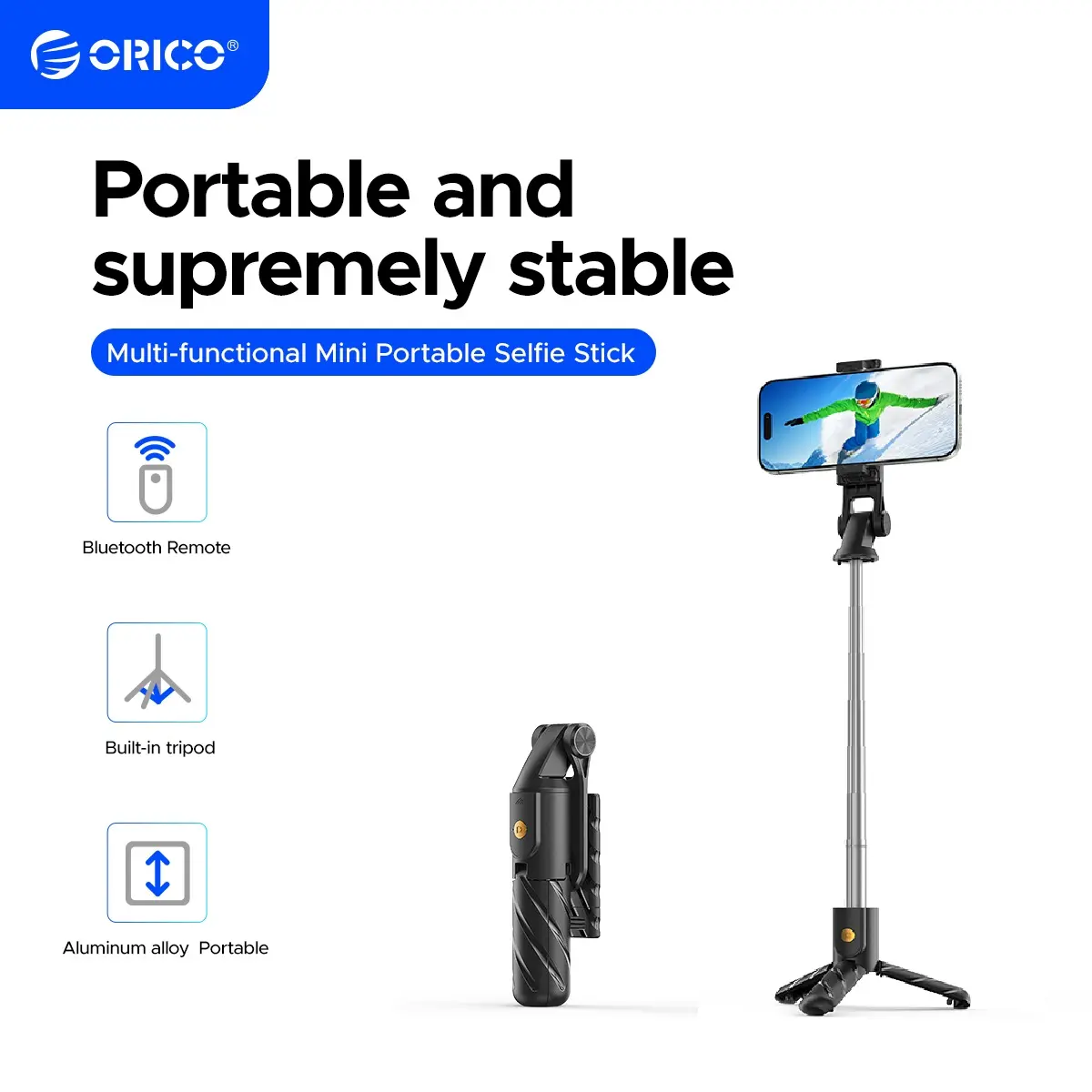 ORICO 27in Mini Selfie Stick & Tripod - Wireless Bluetooth, Multi-Angle Stainless Steel Compact Selfie Stand, Portable Phone Accessory, Phone Accessories Compatible, Ideal for Soccer Watch Parties & Goal Celebrations - SPV70, Portable Selfie Accessory