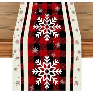 Christmas Table Runner 12x72 Inch, Red and Black Buffalo Plaid Table Runner with White Snowflakes, Holiday Table Decoration for Dining Room, Kitchen, Fireplace Mantel, and Winter  Decor