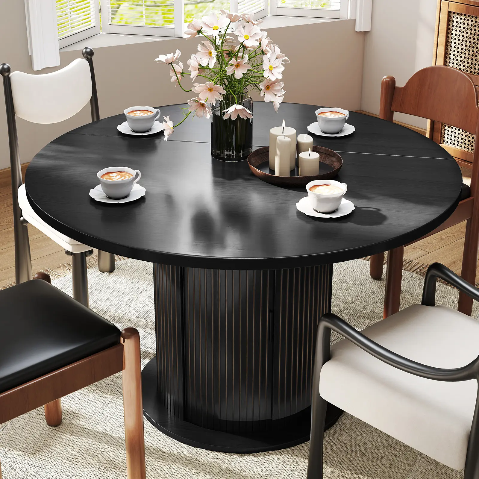 47 inch Round Dining Table ,Kitchen Table with 2-Layer Storage Shelf and a Drawer, Modern Farmhouse Dinner Tables , Wood small circle dining table for kitchen living room