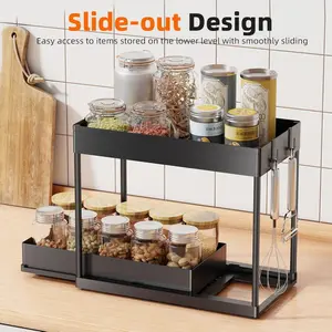 Multi-functional double-layer storage shelf, suitable for kitchen supplies storage, makeup display stand, made of durable plastic material, ideal for use in bathrooms, dressing tables, and kitchens