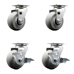 Swivel Plate Caster Set – Gray 4 Inch by 2 Inch Thermoplastic Rubber Donut Tread Wheel – Roller Bearing –1,800 lbs. Total Capacity–Includes 2 Locking Casters and 2 Swivel Casters– Service Caster Brand