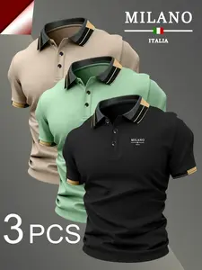 Men's Polo Shirt Set Hh4086 Milan Print, Casual Fitted Design, Breathable Business Commute Wear, Versatile Sports Leisure Top, Menswear, Polo Shirt Outfit