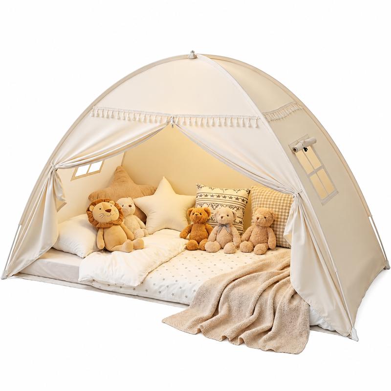 Jungledove Polyester Twin Bed Tent for 4-6 Years Unisex Kids - Indoor Tropical Playhouse with Star Lights, Flags, Toddler Bed Canopy, Imaginative Play Elements (Golden Beige) | Tropical Playhouses, Tents & Tunnels