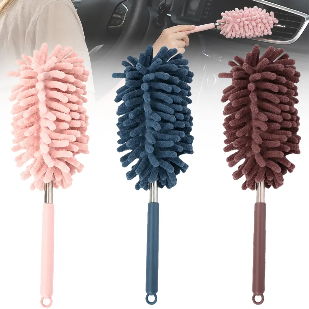 3PCS Car Interior Duster with Extension Pole, 11.8" to 30" Retractable Dusters Auto Dash Cleaning Tool, Soft Chenille Hand Washable Dusters for Car Window Furniture Office