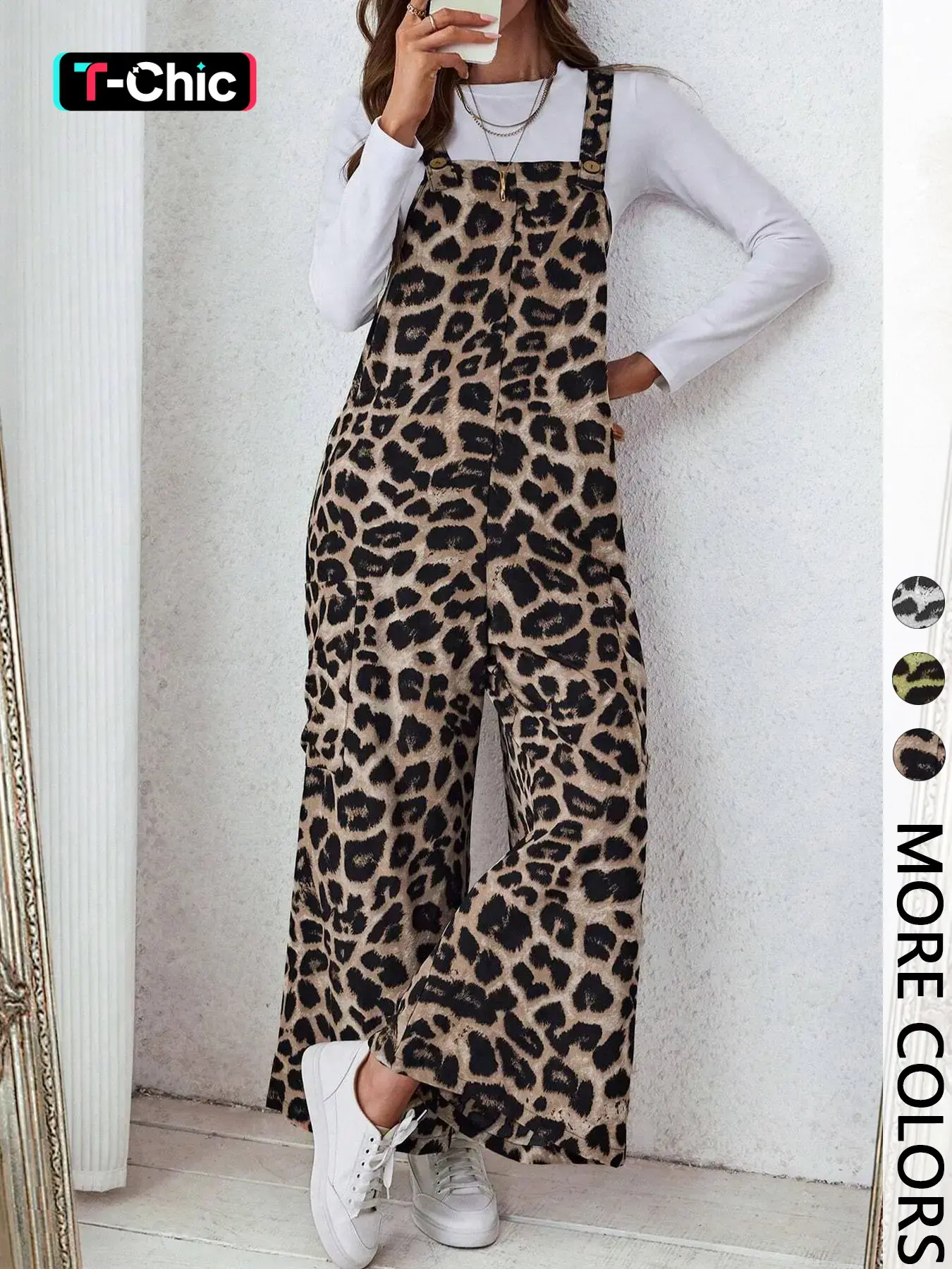 Women's Casual Leopard Print Loose Jumpsuit, Woven Fabric, Moderate Thickness, All Seasons Wear, Fitted Style, Pocket Design, Casual Fashion Jumpsuit, Leopard Print Romper