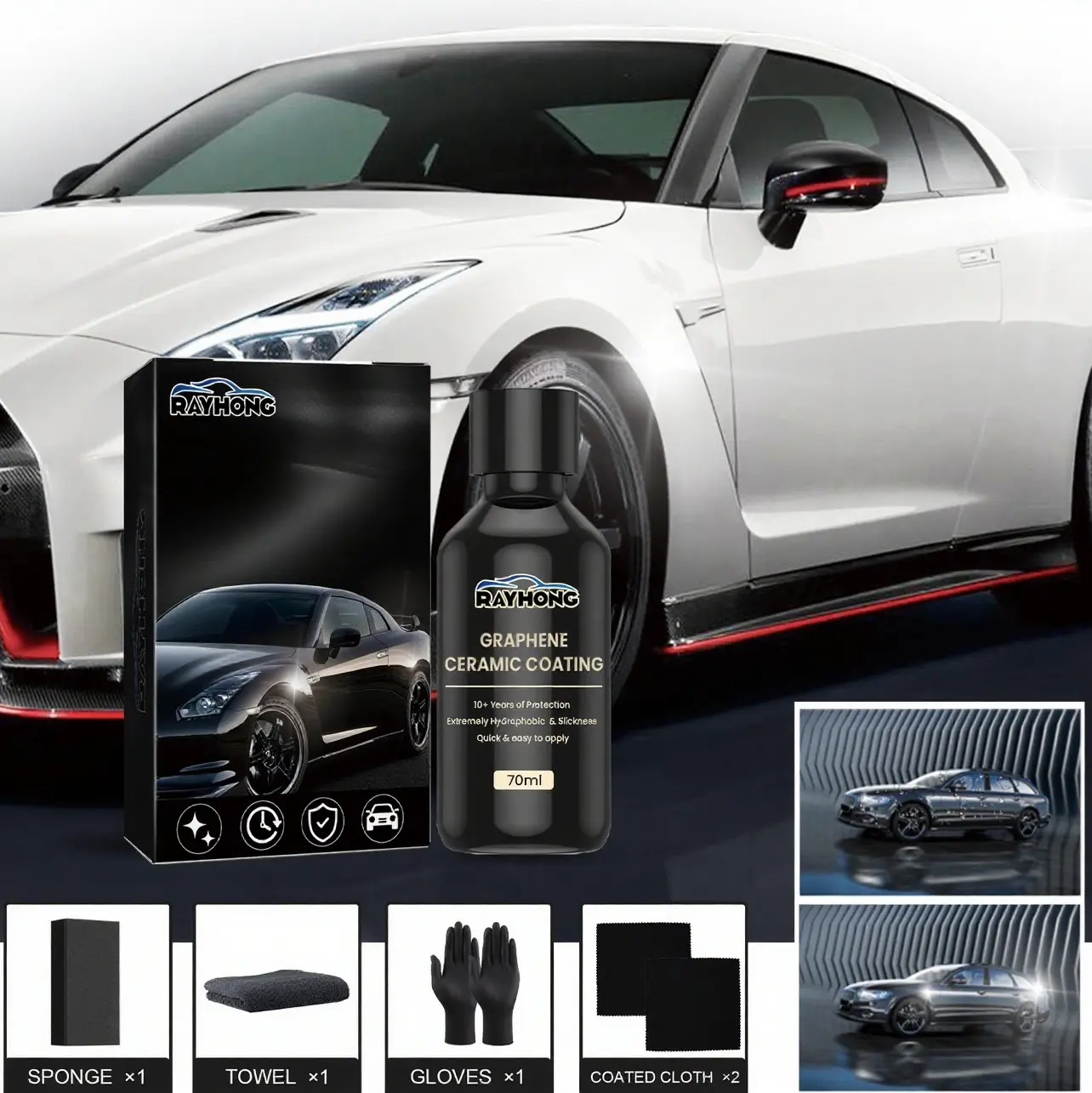70ml Graphene Ceramic Coating Kit - Professional Nano Liquid Coating for Car Paint Protection, Car Enthusiasts, Superior Hydrophobic Effects, Water Spot Resistance, Long-Lasting Gloss, 95g Polished Coating Cloth, Glove