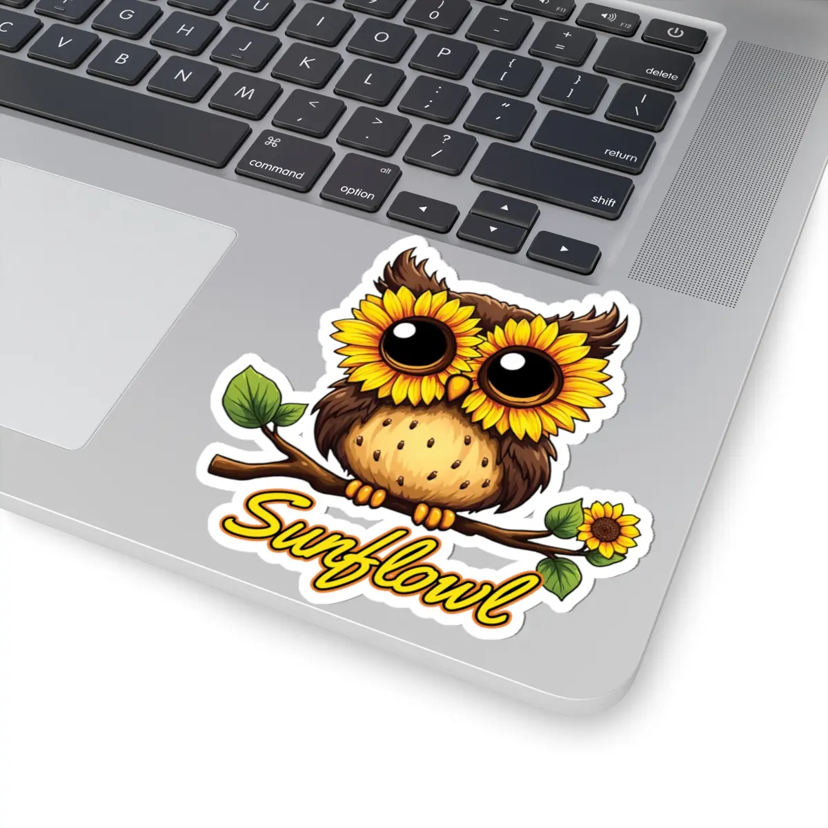 Whimsical Sunflower Owl Kiss-Cut Sticker - Yellow Flower Eyes, Branch Perched, Fun Bird Theme, Cute Animal Decals