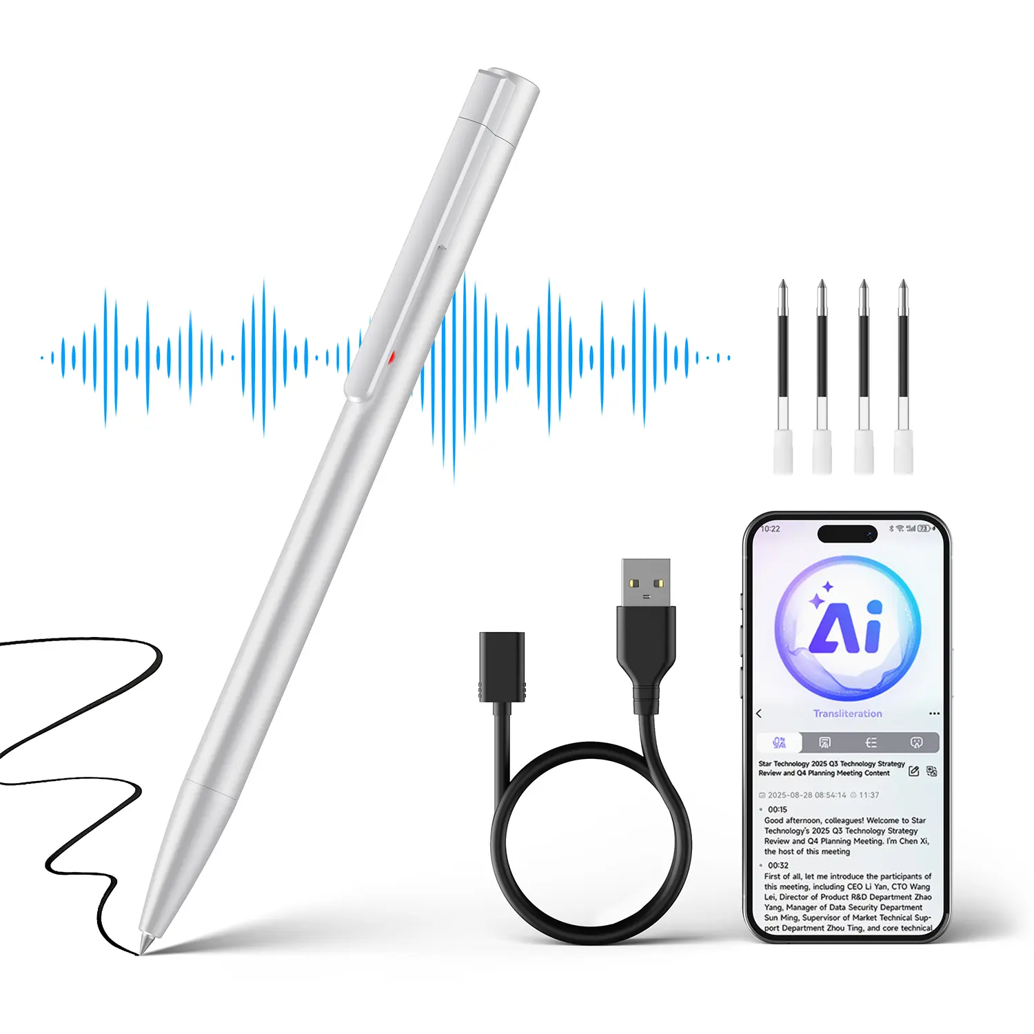 64GB AI Wireless Translation Voice Recorder - Real-Time Transcription, Summary, Mind Map, Bluetooth, WiFi, Type-C, Voice-Activated Noise Reduction, 19hr Battery, Portable Pen Design for Meetings, Classes, Translation Voice Recorders