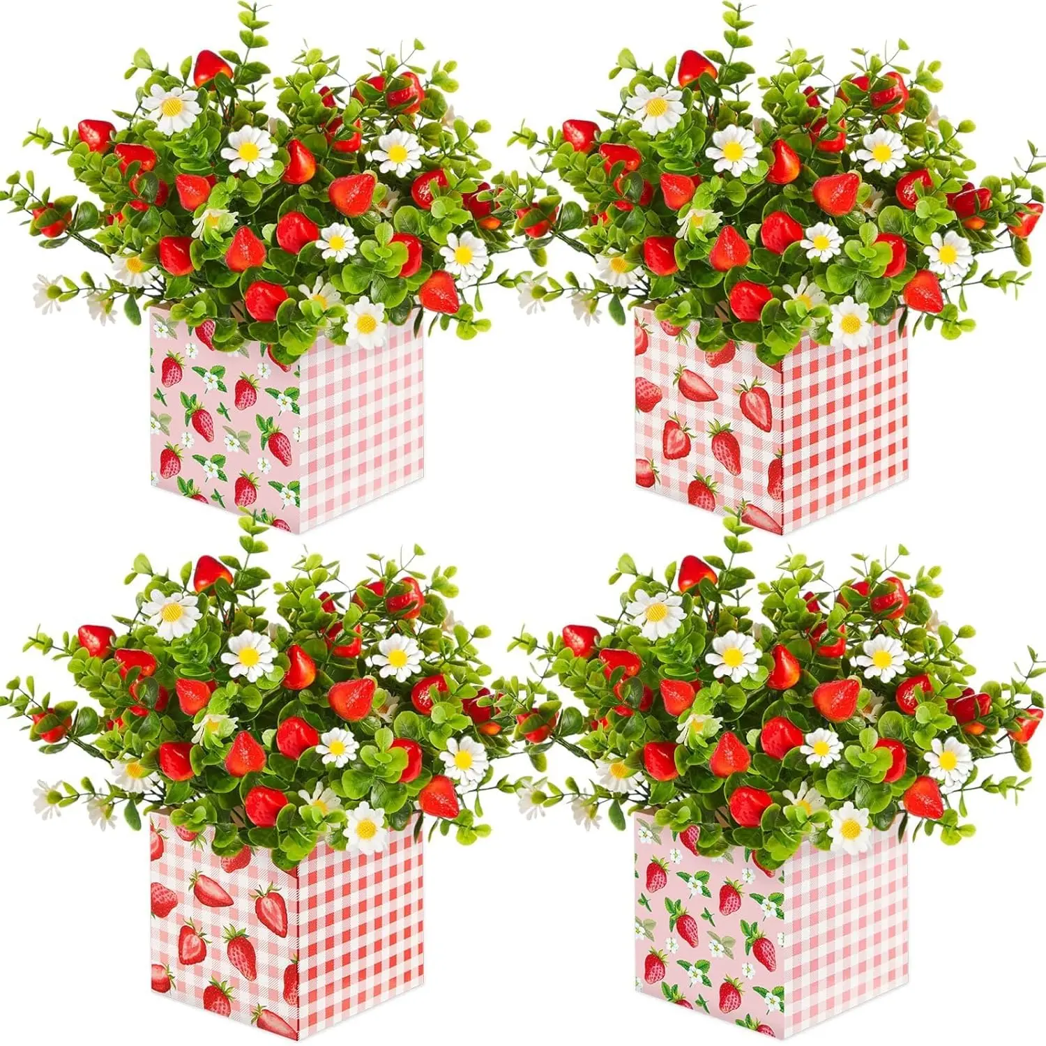 Artificial Strawberry-Daisy Plastic Decorative Fruit Ornaments with Box & Fake Leaves, Summer Table Centerpiece Gift for Farmhouse Home Party & Baby Shower Decor (4 Pcs)