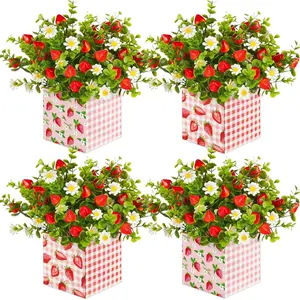 Summer Strawberry Table Centerpiece Decor Berry Box Decorations Artificial Strawberry Daisy Plant with Box and Fake Leaves for Sweet Baby Shower Farmhouse Home Party Wedding Kitchen(4 S