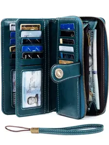 Women's RFID Blocking Large Capacity Leather Long Wallet, Vintage Style Multi-Functional Zipper Purse with Wrist Strap for All Seasons, Elegant Fashion Wallet