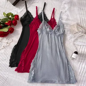 ChicMe Women's 3-Pack Pajamas Set/Lace Pajama Set - Lace Trim Modal Cami Nightgown, Side Slit Sleep Dress with Bowknot, Soft Valentine's Day Sleepwear & Loungewear