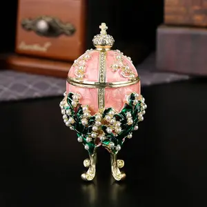 Luxury Pearl Crown Fabergé Style Egg Jewelry Box, Enamel Lily-Of-The-Valley Storage, Organize Necklaces, Royal Home Decor, Dressing Table Storage
