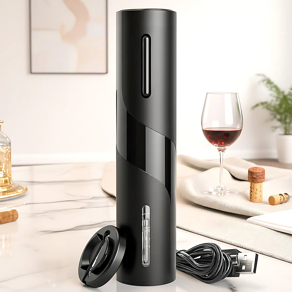 Electric Wine Opener, 1 Count Rechargeable Automatic Corkscrew, Wine Bottle Opener with USB Cable, Bar, Kitchen & Home Accessory & Wine Gift Kit, Bottle Cap Opener