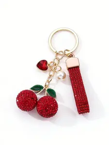 Elegant Heart-Shaped Rhinestone Trendy Cute Keychain with Full Diamond Cherry Pearl Drip Oil Alloy, Sweet Luxury Trendy Bag Charm Gift for Friends Family