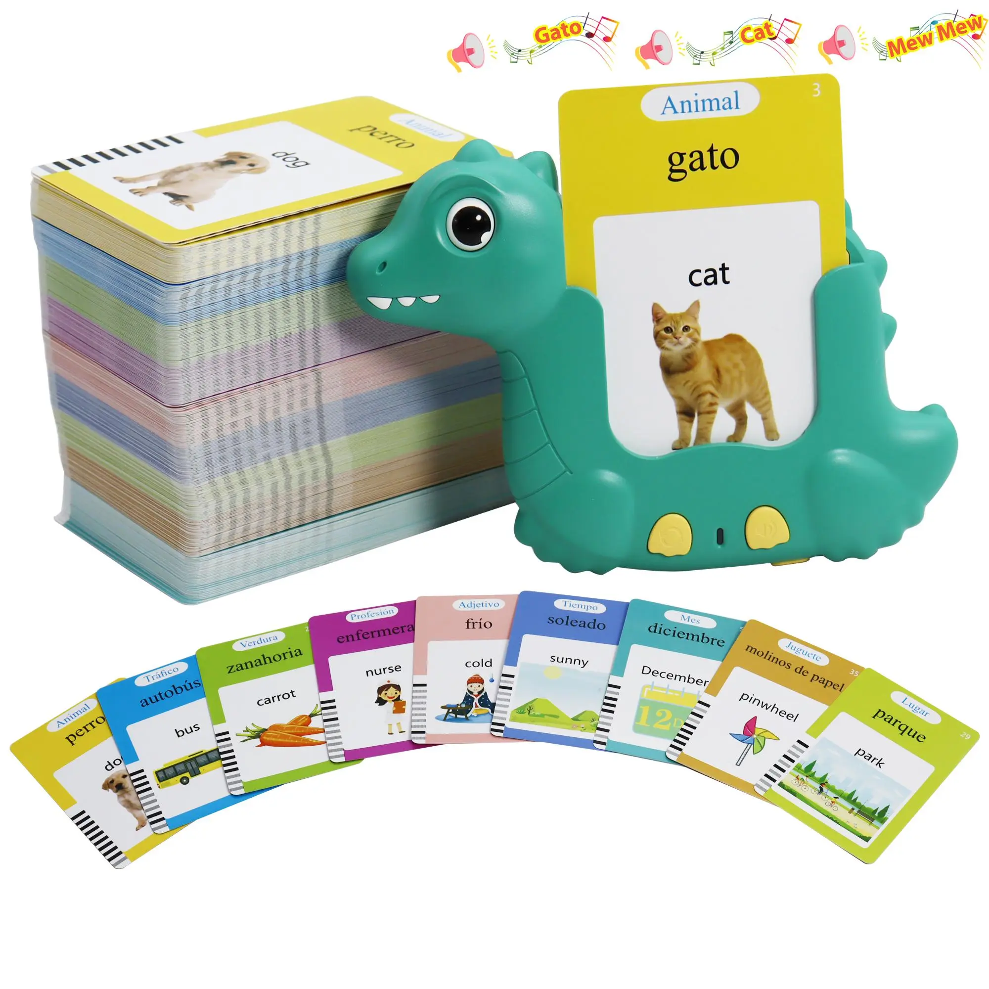 Dinosaur Design Talking Flash Card, Bilingual Talking Flash Card, Sensory Speech Audible Toys for Learning Spanish, Bilingual Flash Cards, Talking Flashcards