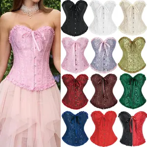 Women's Lace Up Boned Floral Renaissance Burlesque Basque Overbust Corset Bustier Top, Tummy Control Lingerie Shapewear for Women, Ladies Halloween Lace Push Up Bodyshaper Halloween Costumes Gothic Party Outfit Womenswear Plus Size S-6XL