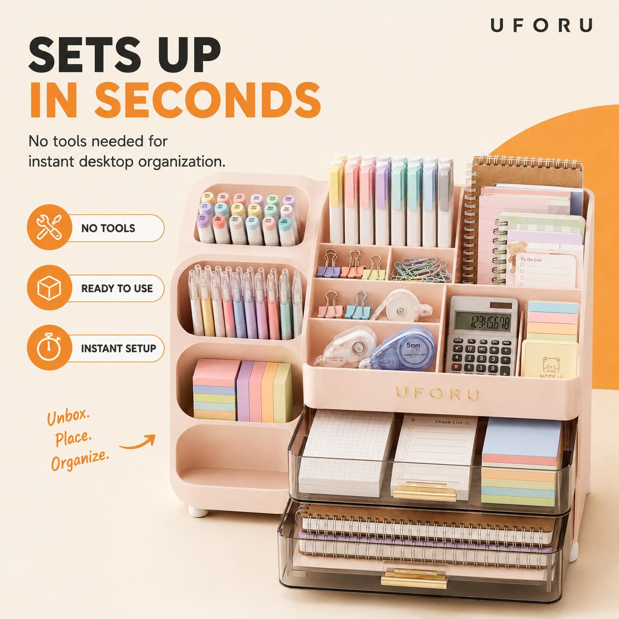UFORU Desktop Organizer with Drawers - Large-Capacity Multi-Compartment Desk Storage Box for Pens, Markers, Notebooks, Sticky Notes, Office & School Supplies, Home Office Study Use