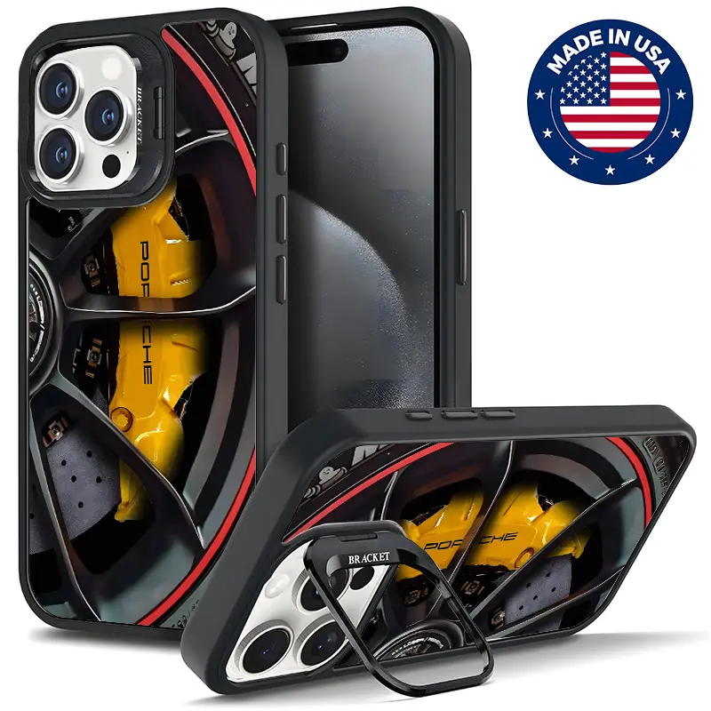 Customized Patterned Porsche Brake Caliper Magnetic iPhone Case - Shockproof, Anti-Scratch Hard TPU Cover with Metal Lens Frame Film, Bracket, MagSafe Compatible, Anti-Drop Protection for iPhone 16/15/14/13/12 Plus Pro Max Mobile Phone Accessories