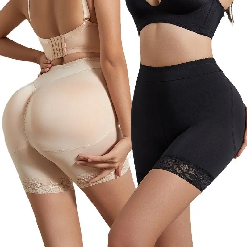 Padded Butt Lifter Shapewear Shorts for Women, Lace Trim Faja with Detachable Butt/Hip Pads, Tummy Control Body Shaper