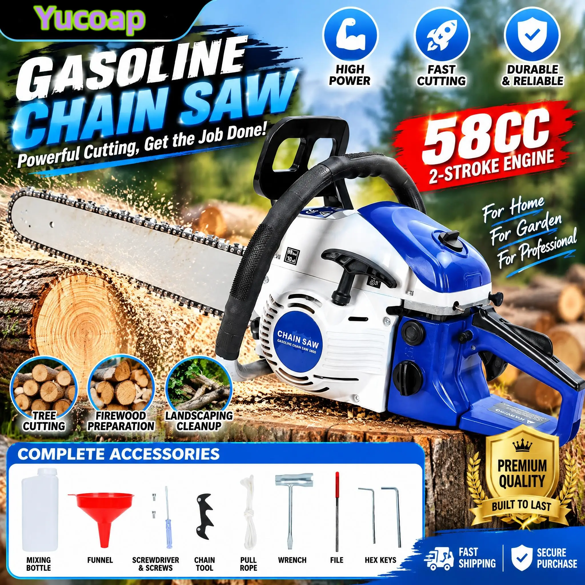 YUCOAP 58CC Gas Chainsaw, 20-Inch 2-Cycle Gas Powered Chainsaw, Handheld Chain Saw for Wood Cutting, Tree Trimming and Yard Cleanup
