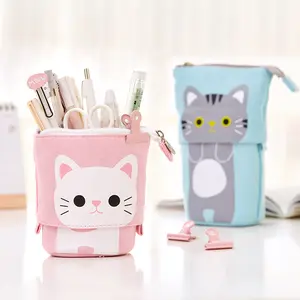 Standing Pencil Pouch Pencil Case Cute Cat Telescopic with Zipper Canvas Kwaii Cartoon Pencil Bag Stationery Box for Kids Girls Boys School Supplies 7.5 x 4.9 x 3.0inch/4.1x 3.0inch