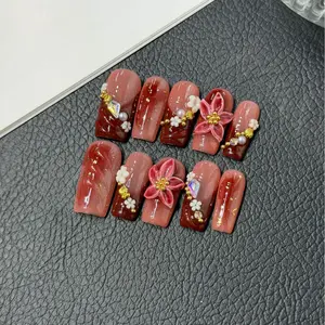 Hailey's square red flower flora luxury acrylic handmade press on nails A5