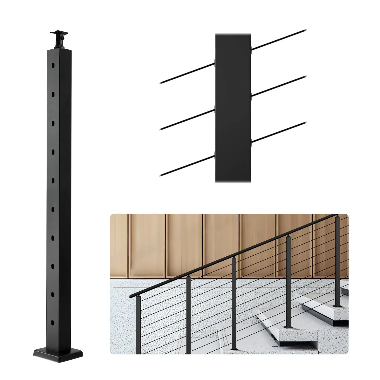 【Summerfinds】VEVOR Cable Railing Post,36x2x2 Inch Stair Railing Postwith Pre-Drilled 30° Angled HolesStainless Steel Cable Rail Post with Horizontal and Curved Bracket1-PackBlack1JZLGZXHS914YIVIS001V0