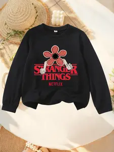 New Spring And Autumn Children's Clothing. Boys And Girls' Stranger Things Dada "Magic Flower" Print Crewneck Hoodie. Casual And Fashionable, Suitable For Daily Wear. The Perfect Choice For Gift-Giving