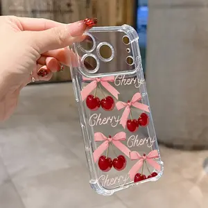 Anti-Drop Transparent Aesthetic Bow Cherry Pattern Phone Case for iPhone 15/15 Plus/15 Pro/15 Pro Max/11-16 Promax, Creative Protective Shockproof Cover, Accessories