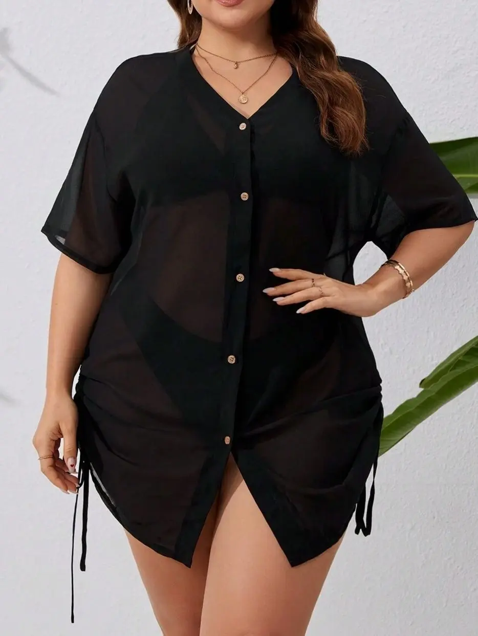 Plus Size Solid Kimono Style Dress, Front Button And Drawstring Waist Beach Cover Up For Summer